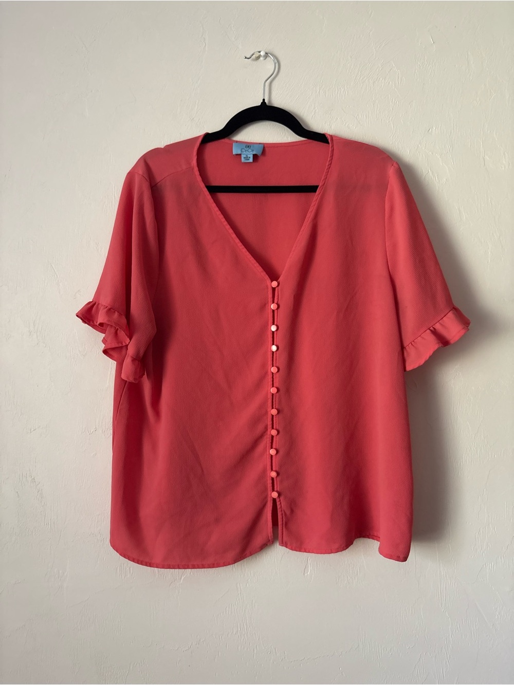 CeCe Coral V-Neck Button Front Ruffle Sleeve Blouse